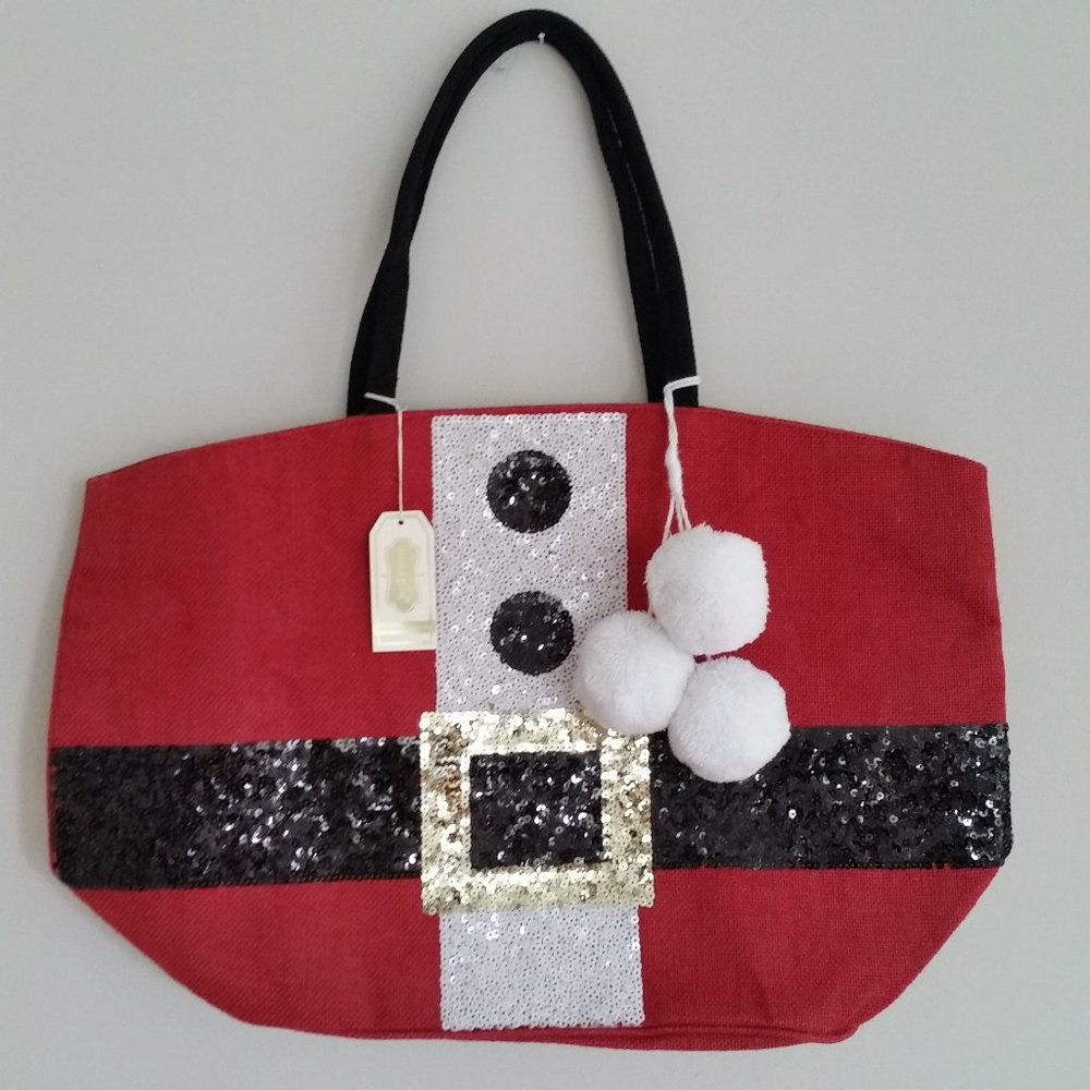 MUDPIE CHRISTMAS SANTA DAZZLE TOTE BAG NWT BURLAP & SEQUINS 22" WIDE, 14.5"TALL